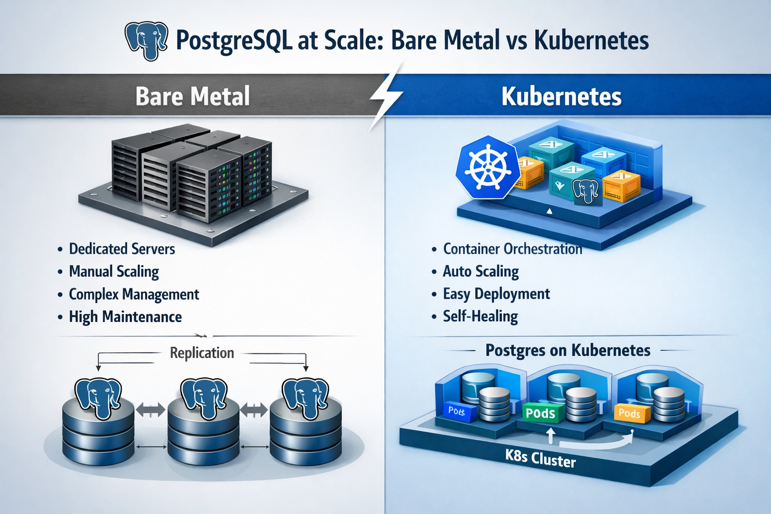 PostgreSQL high availability architectures: bare metal vs Kubernetes
